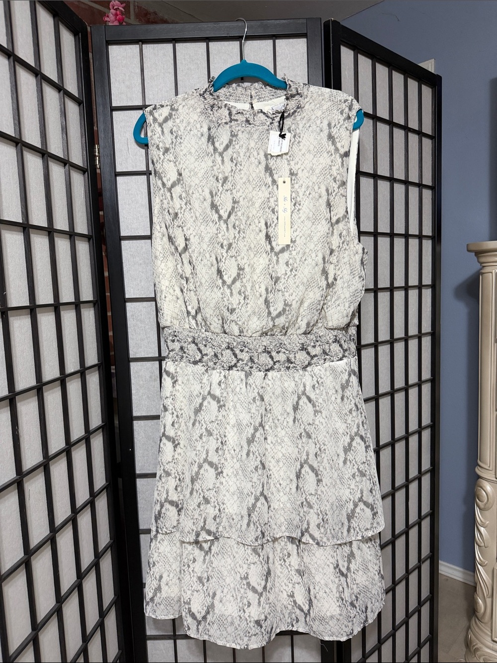 She + Sky Snake-Print Sleeveless Mock Neck Midi Dress in Gray and White